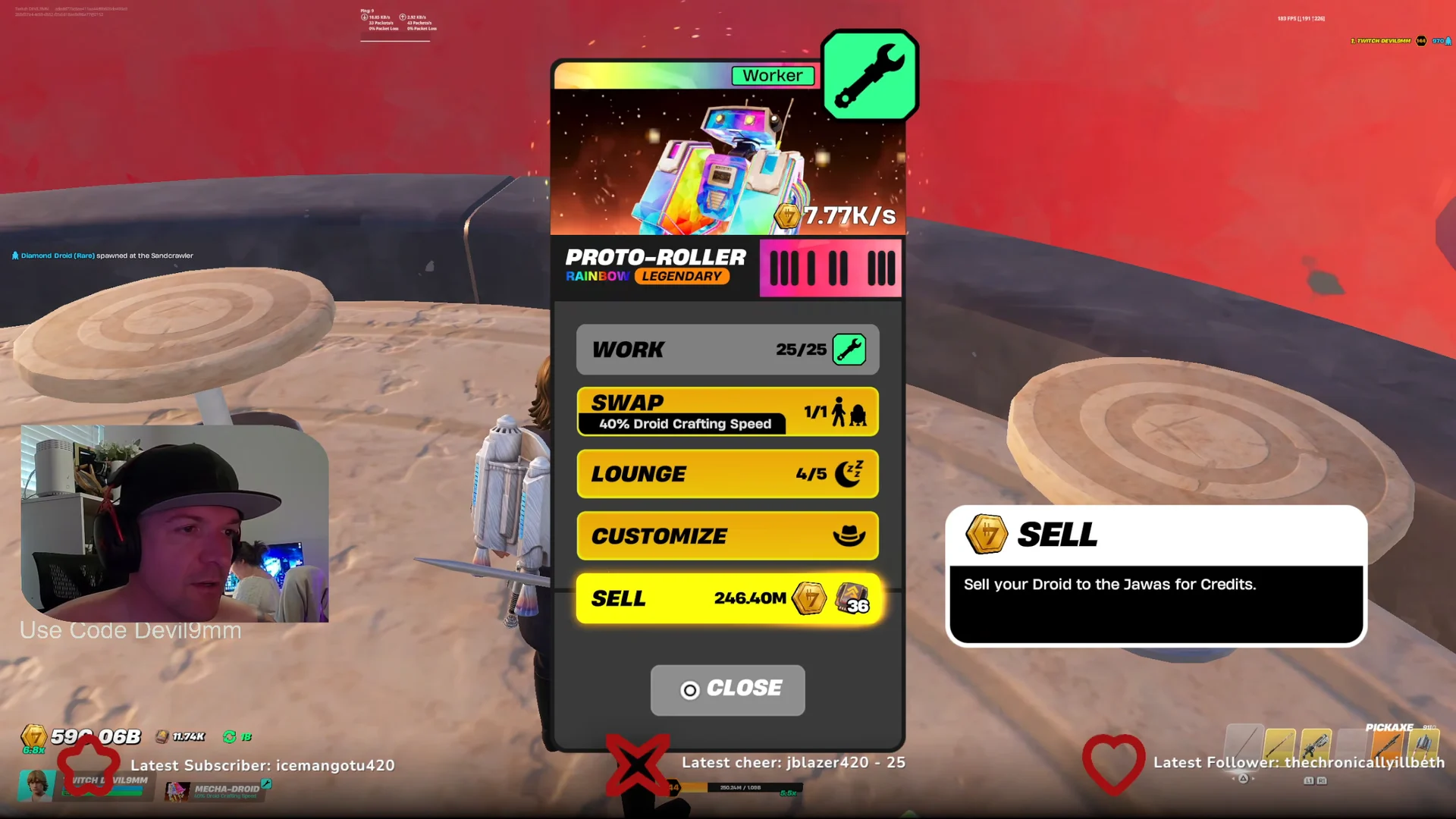 Selling duplicate droids for credits