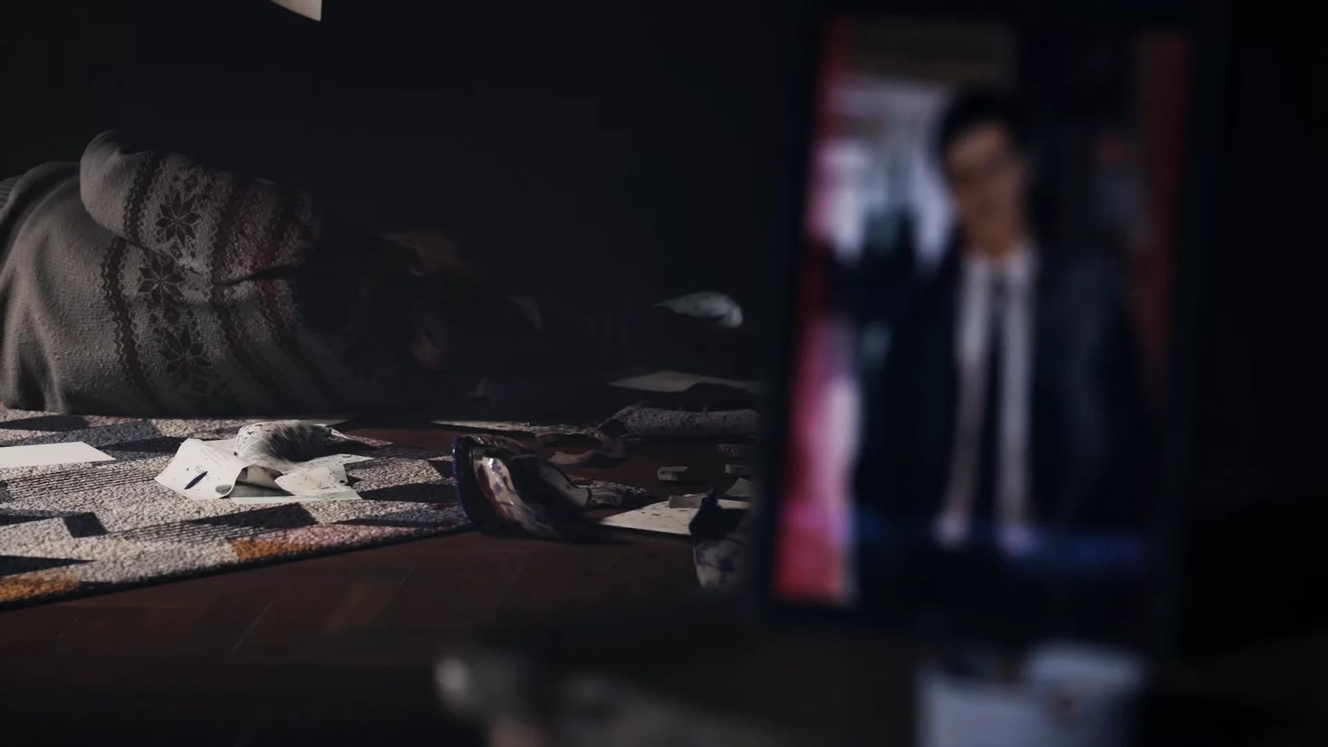 Framed portrait and fallen body