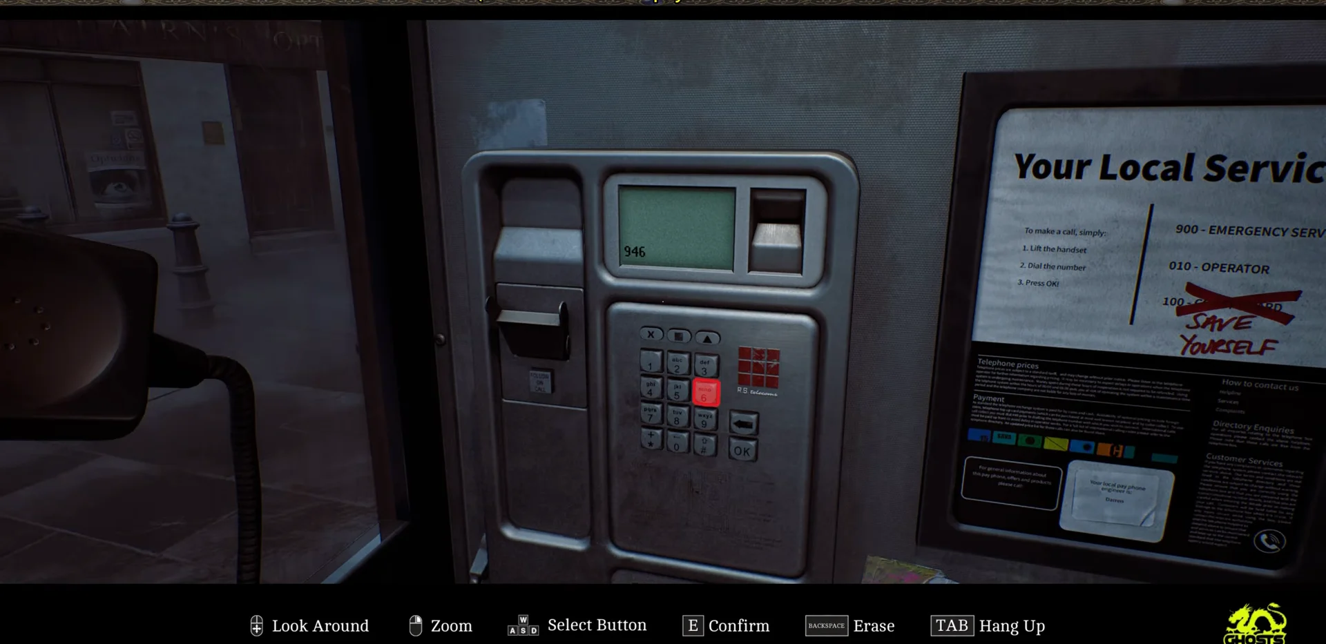 Examining payphone and dialing 946