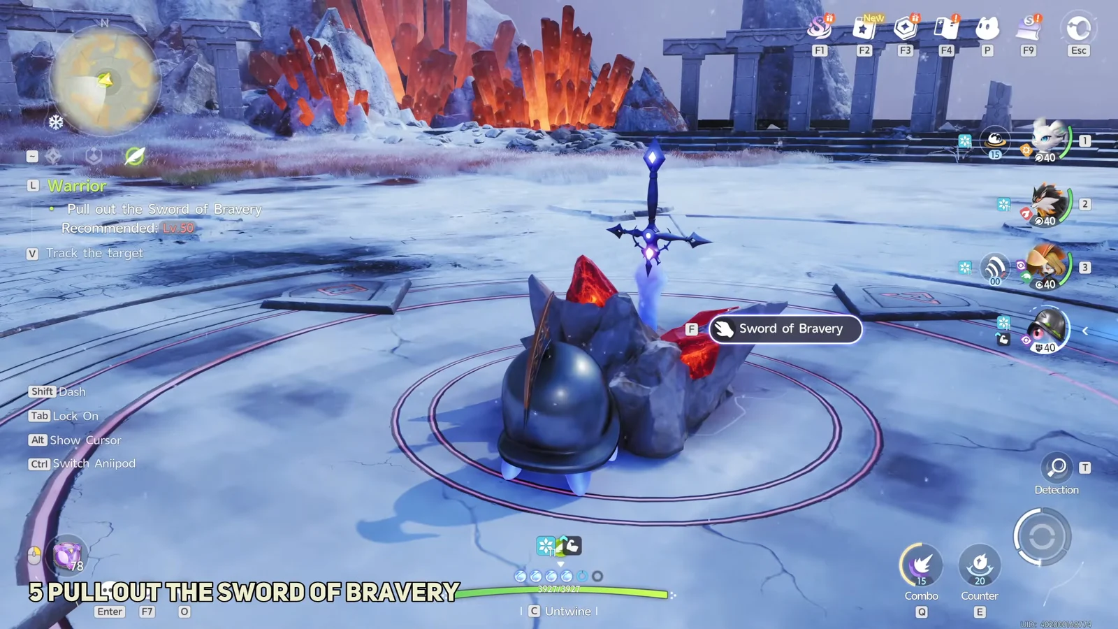 Interacting with the Sword of Bravery and answering dialogue prompts to prove…