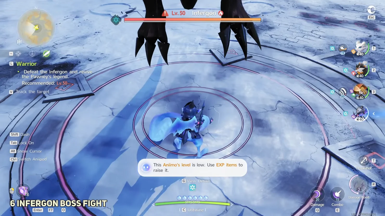 Boss fight against the level 50 dragon Infergon using Pawney and other Aniimo.