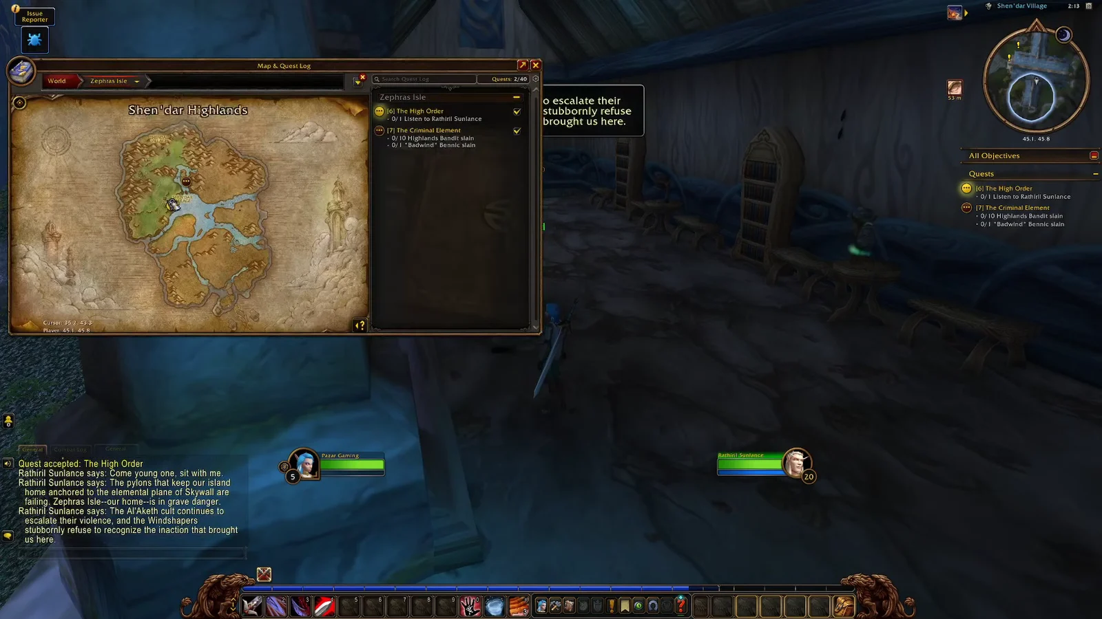 The player opens the Map & Quest Log, showing the quest "The High Order"…