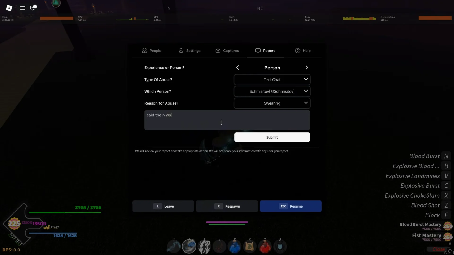 Reporting player menu