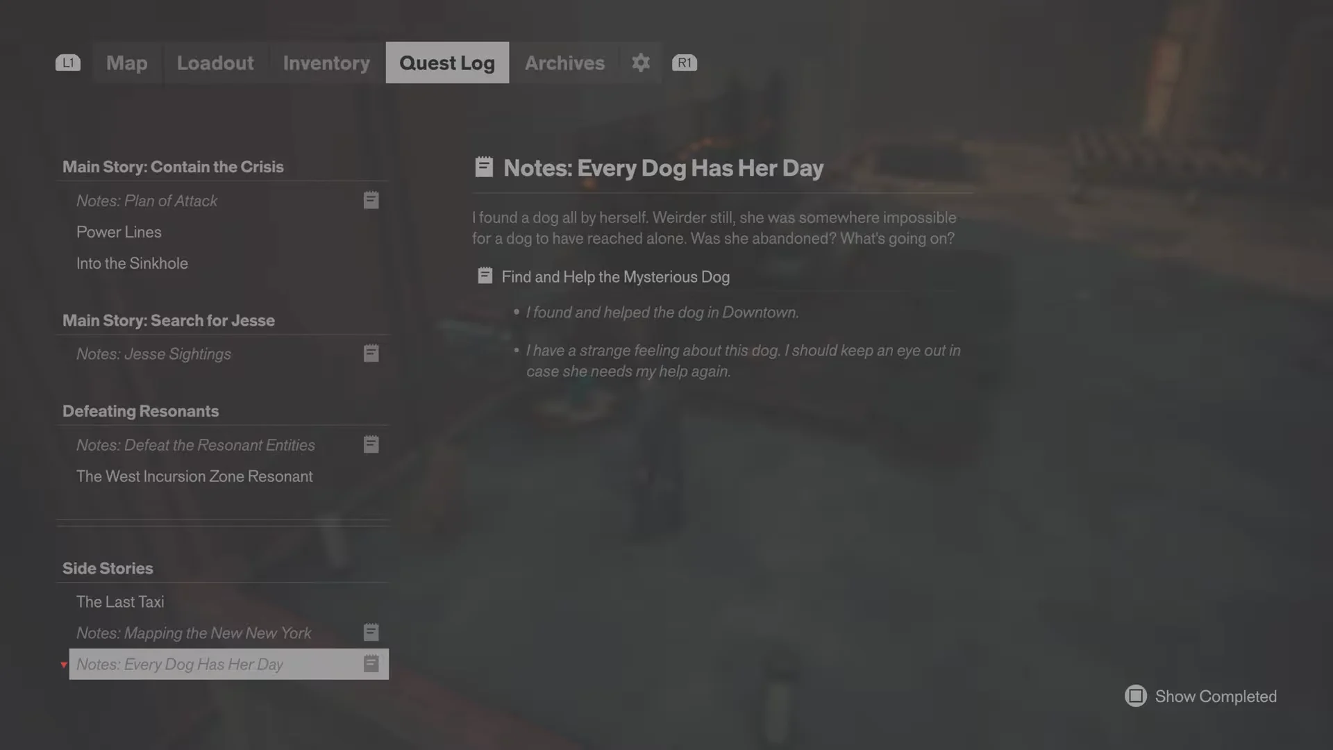 Quest Log screen showing active quest categories and a completed note entry