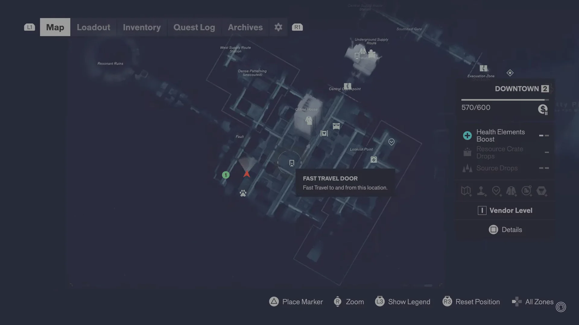 City map screen open with the player marker and a Fast Travel Door tooltip