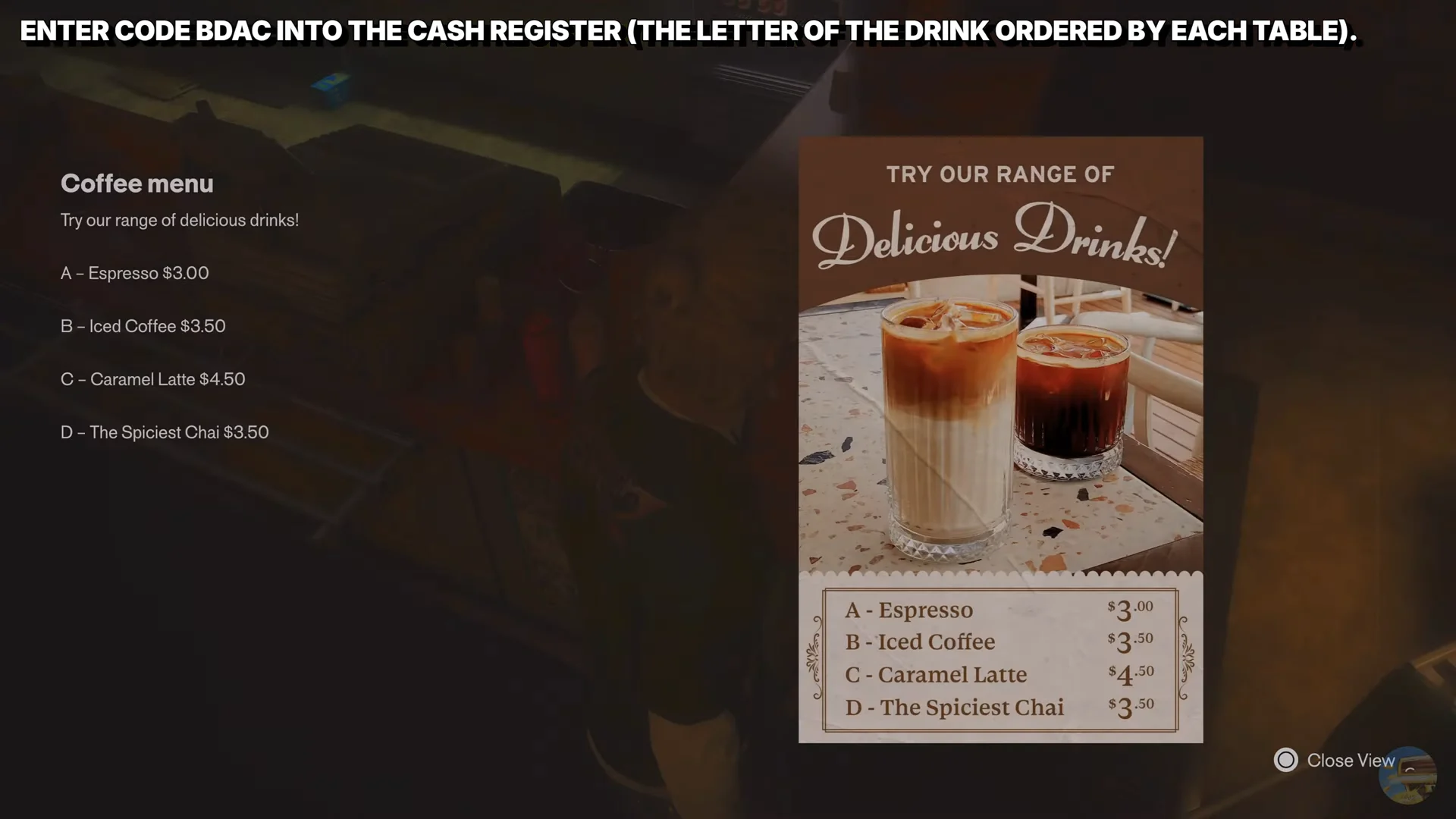 Coffee menu