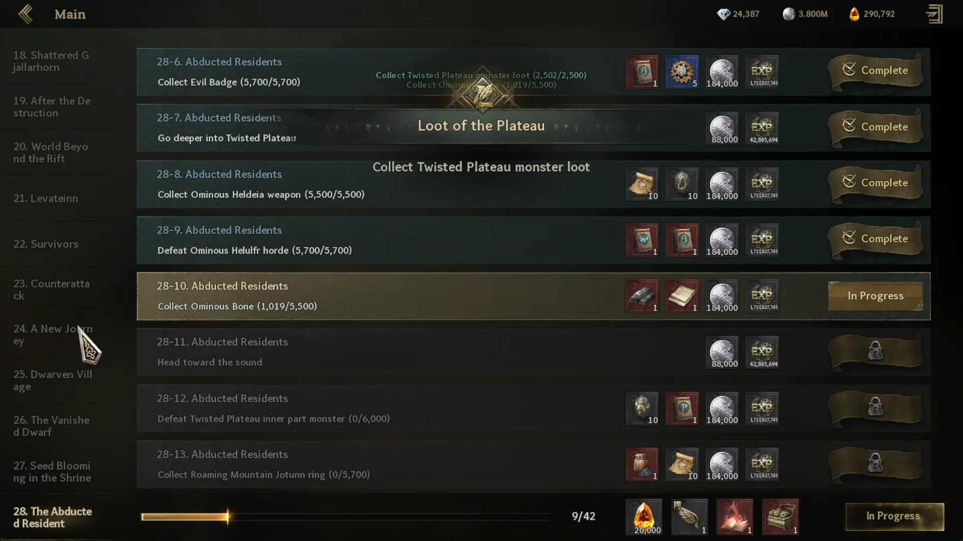 Main Quest Progress Screen
