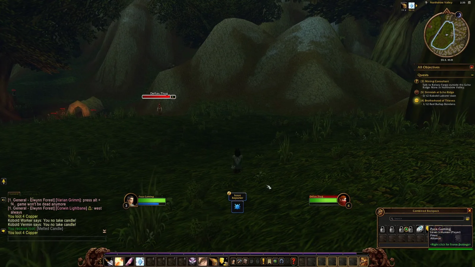 Engaging the Second Defias Thug and Leveling Up