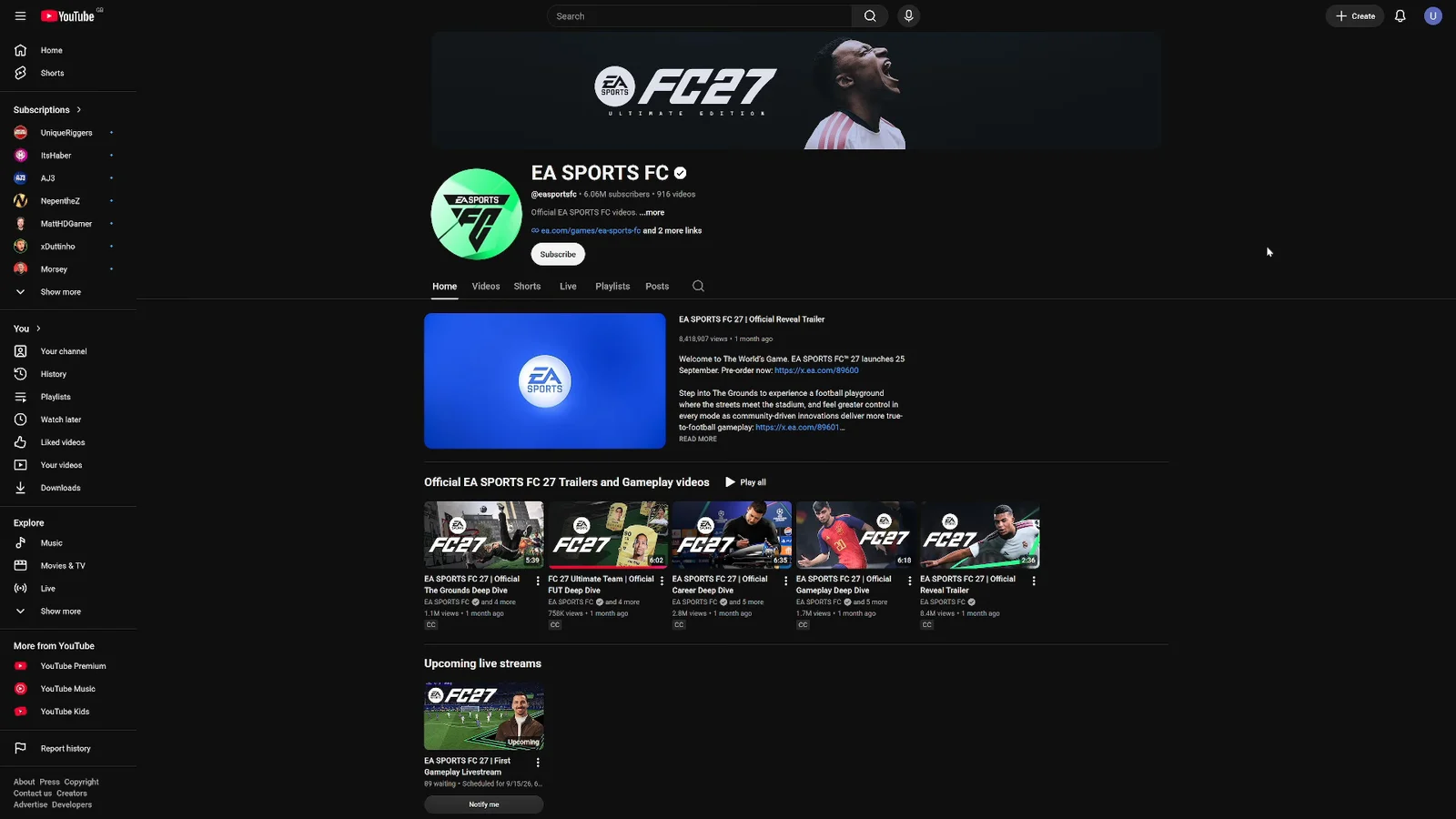 Navigating to EA SPORTS FC on YouTube