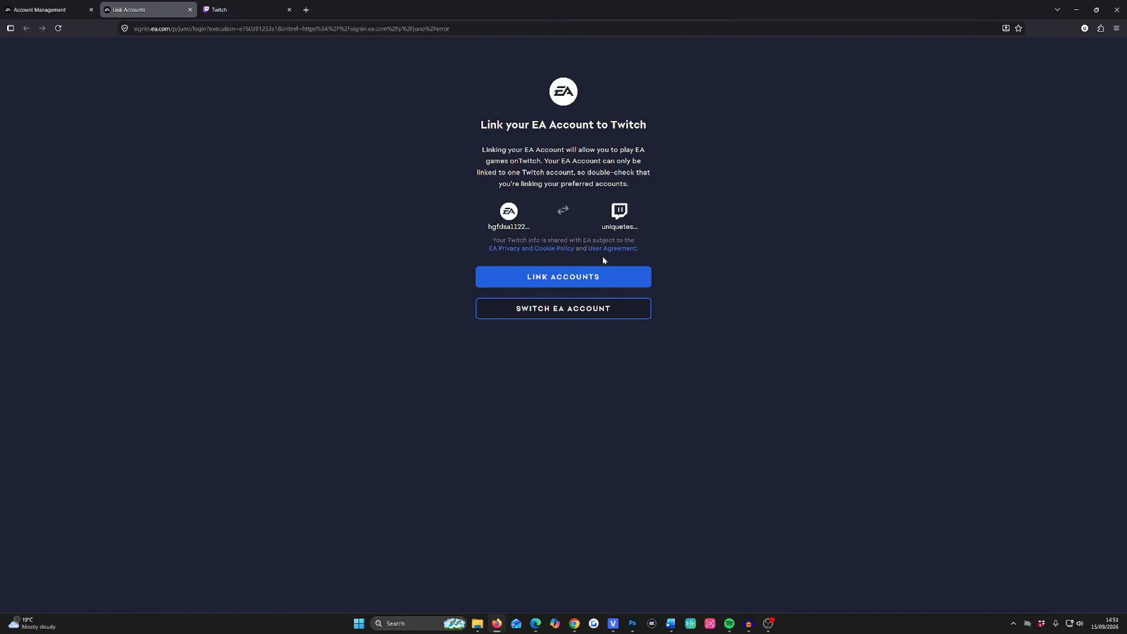 Linking Twitch account on EA website