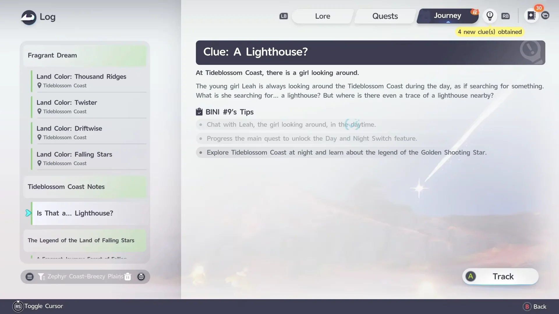 Initial location and quest log