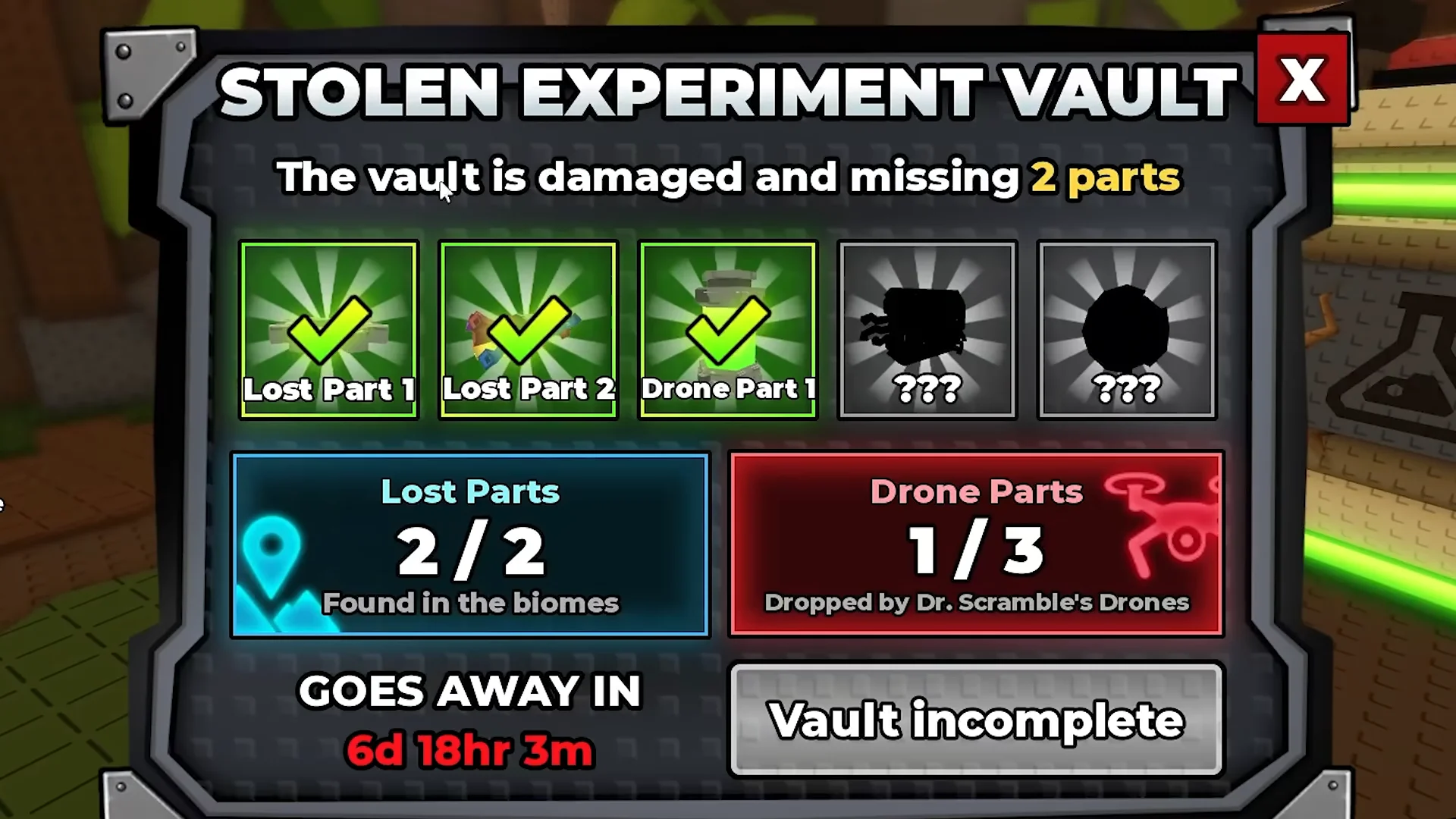 Stolen Experiment Vault Menu