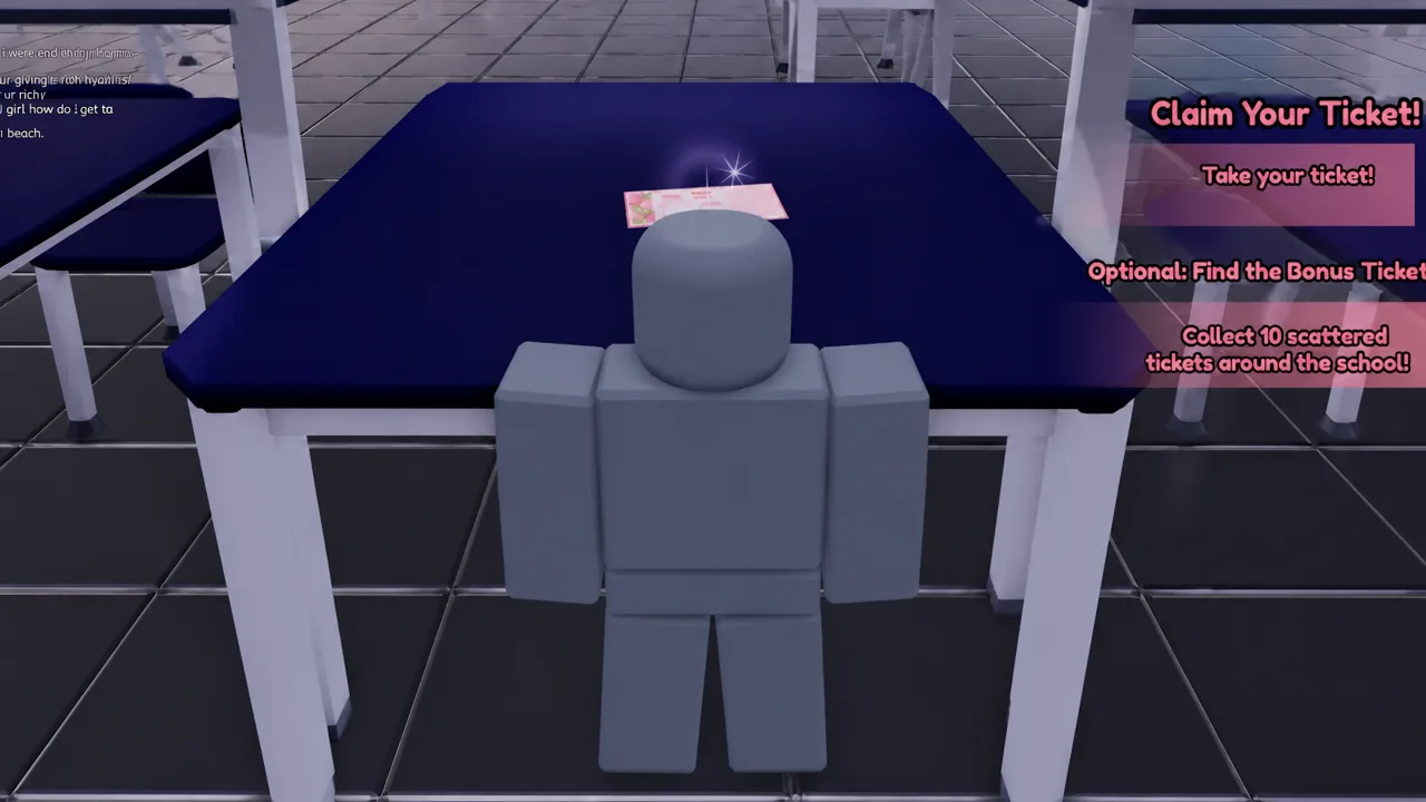 Claim Your Ticket objective prompt as the player approaches a ticket on a table