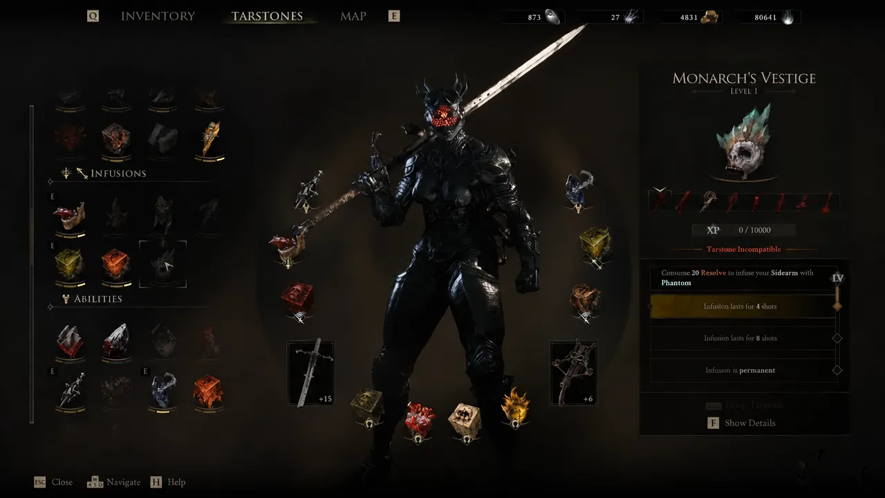 Tarstones menu with Monarch's Vestige selected and the four-shot infusion line highlighted