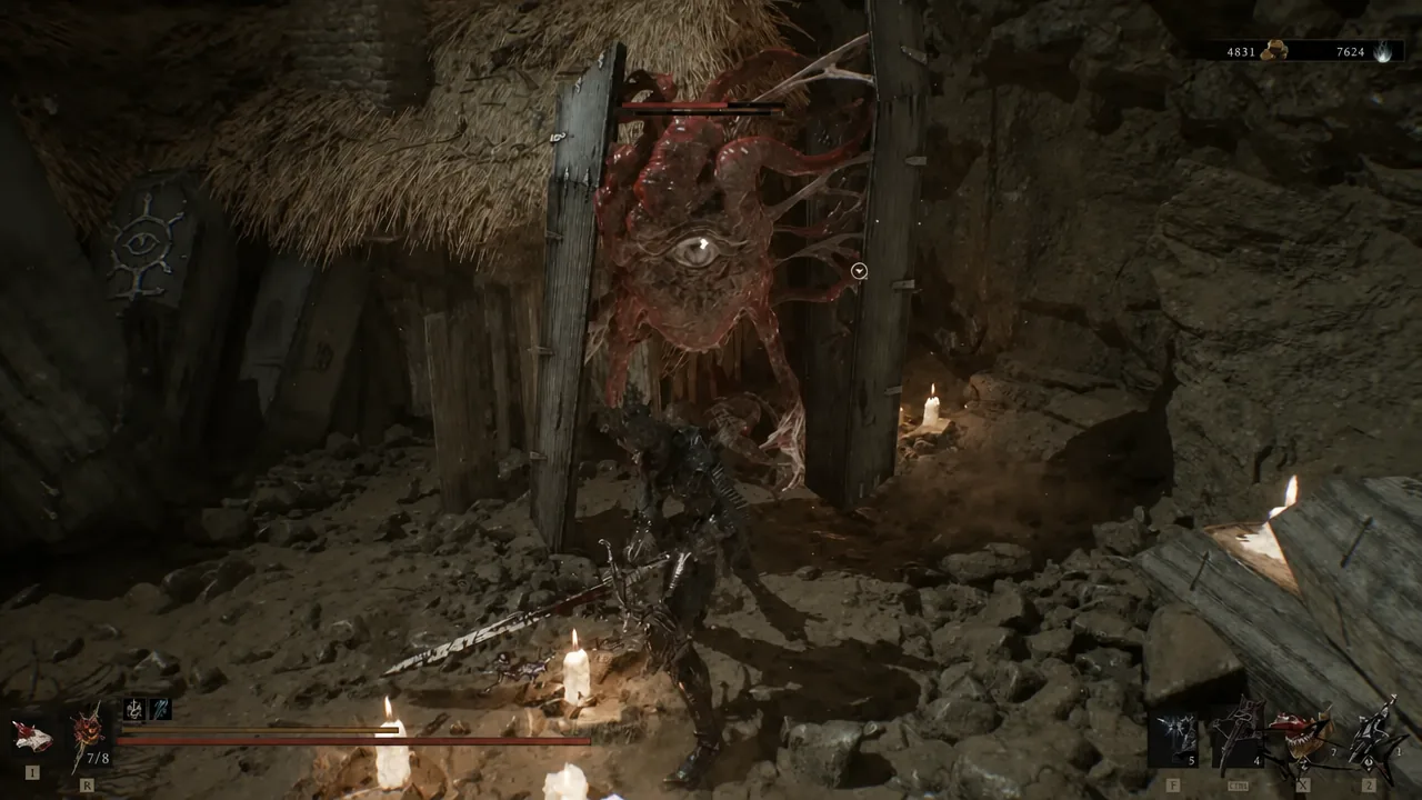 Fight against a red tentacled enemy with its health bar shown on screen