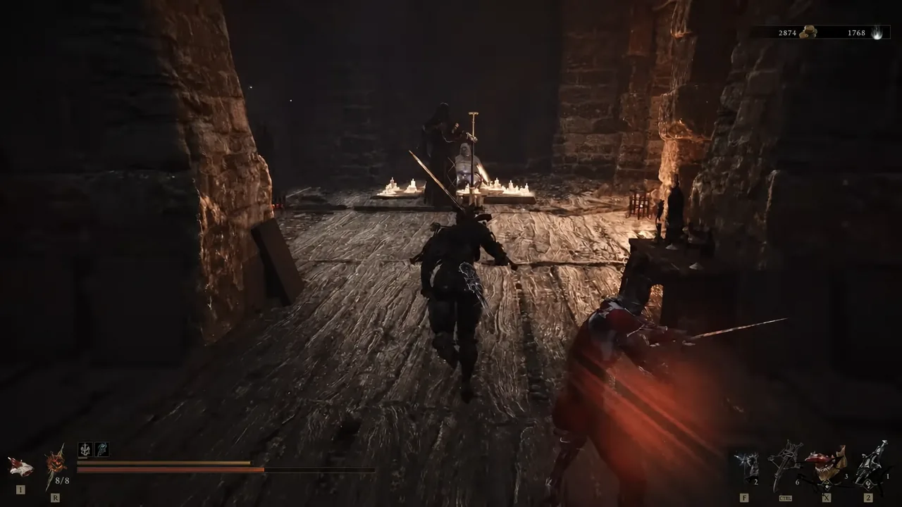 Player pushing past a candlelit altar while an enemy attacks in the dark village
