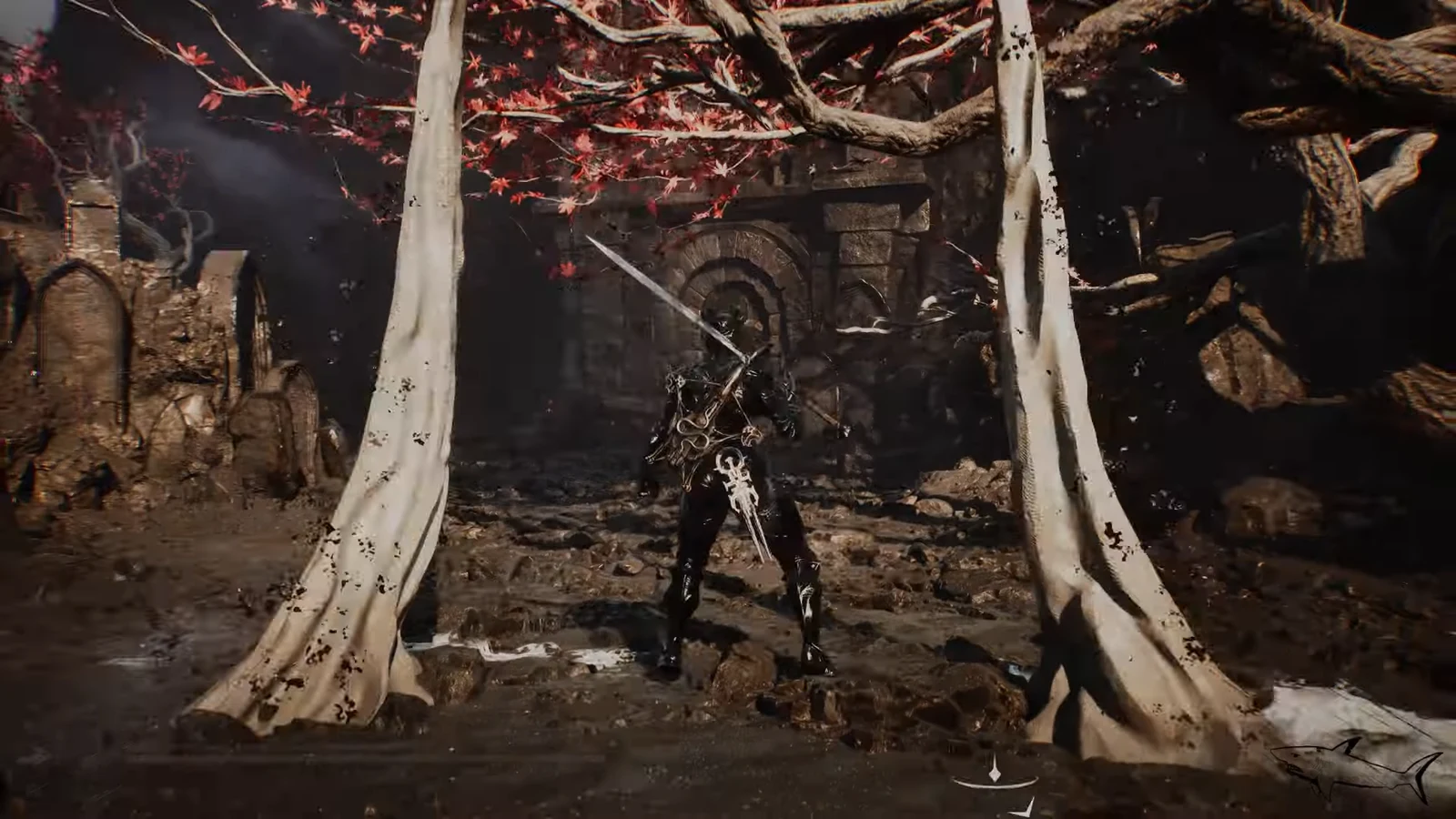 Player character trading sword blows with an enemy in the ruined graveyard courtyard