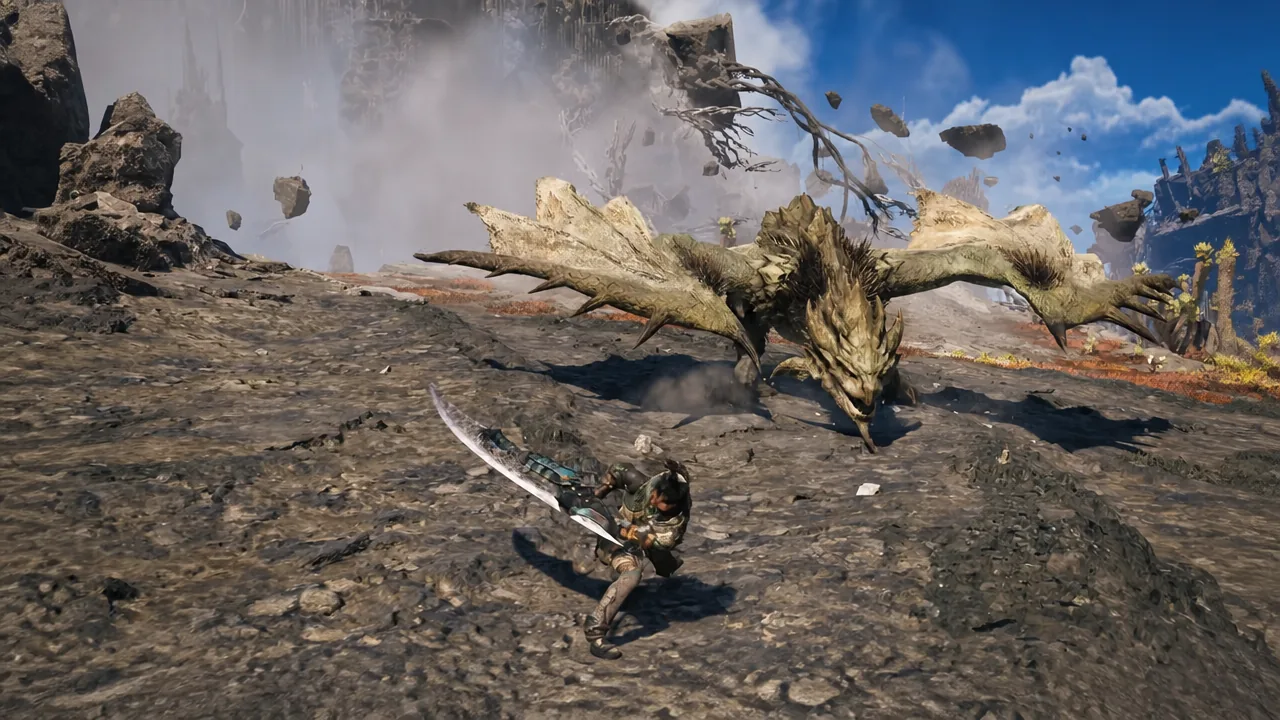 Hunter winding up a Great Sword swing against a large dragon