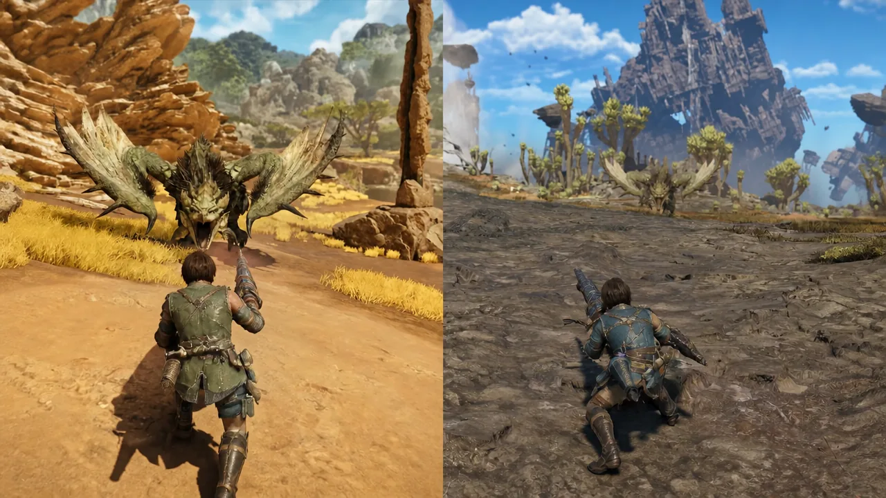 Two hunters aiming ranged weapons at flying monsters over rocky terrain