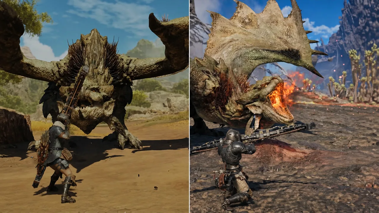 Hunters in armor pressuring a large horned monster during a boosted attack sequence