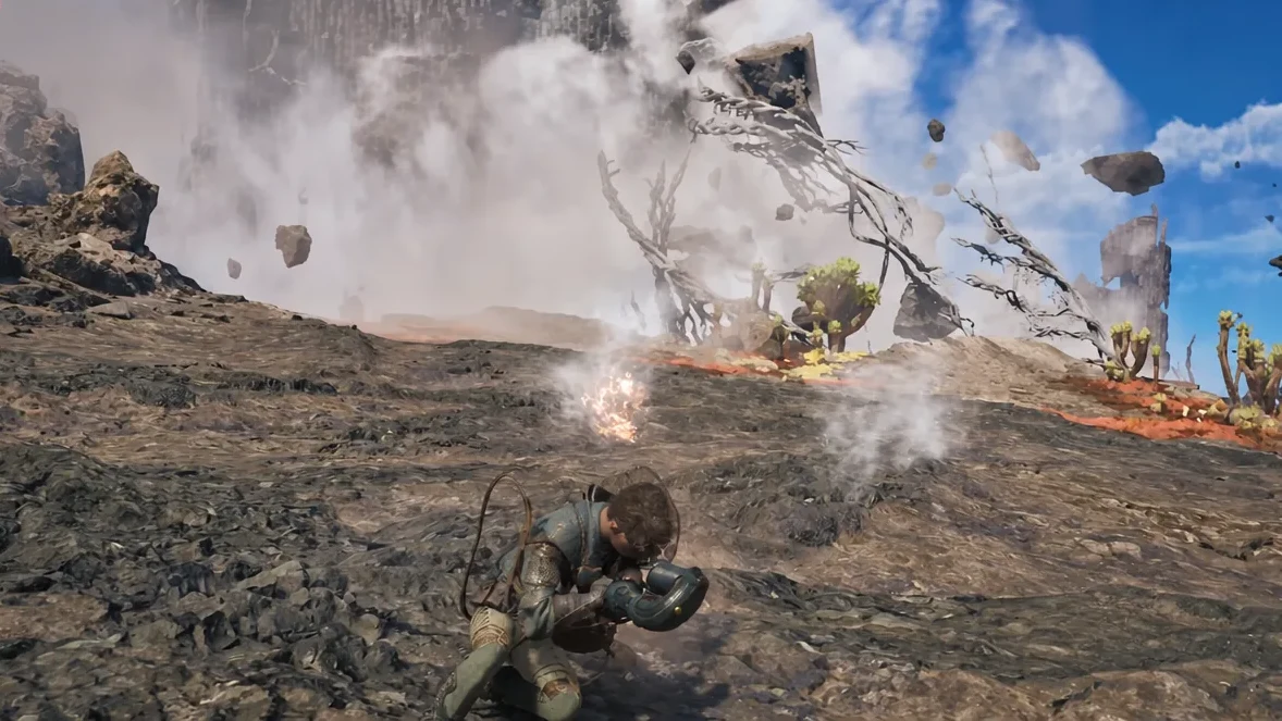 Hunter crouched in smoke and debris after a heavy boosted slam