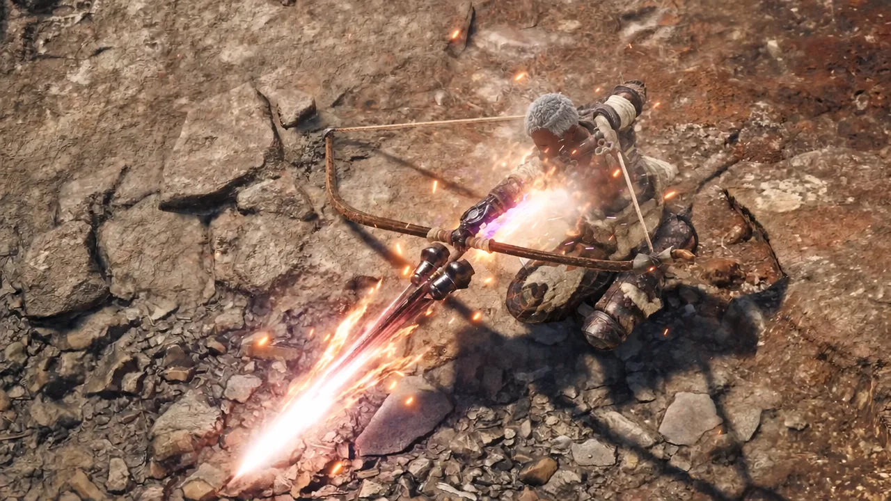 White-haired hunter unleashing a glowing attack on a rocky battlefield