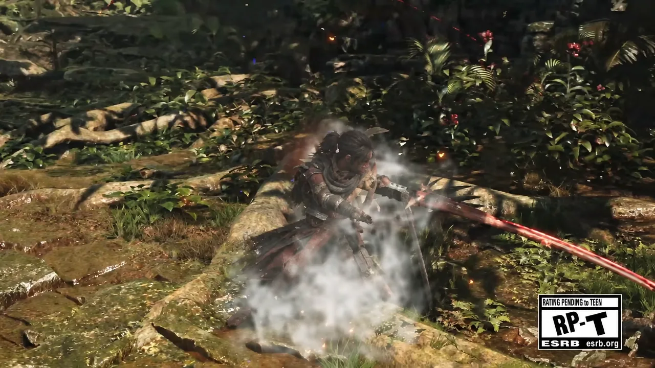 Hunter swinging a long blade through smoke during a jungle fight