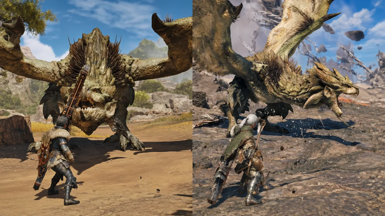 Hunter mid-attack against a large monster during a Boost Bracer showcase