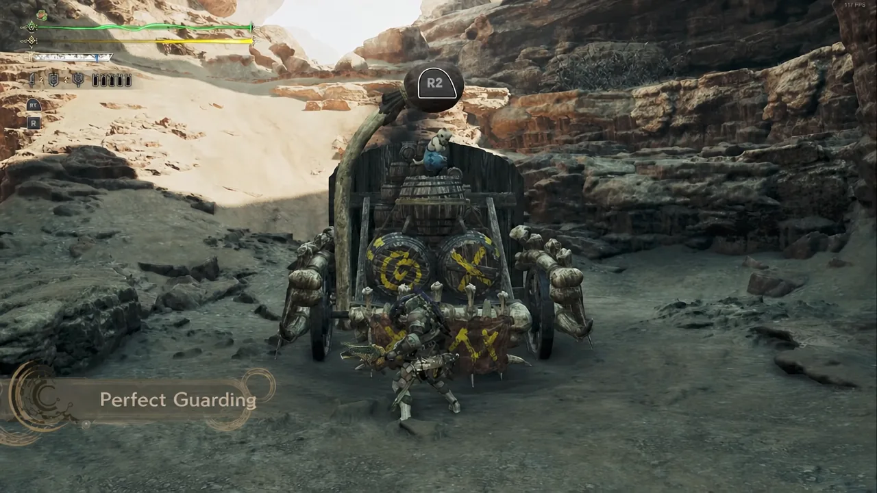 Perfect Guarding tutorial overlay highlighting the R2 input as the hunter blocks an incoming attack