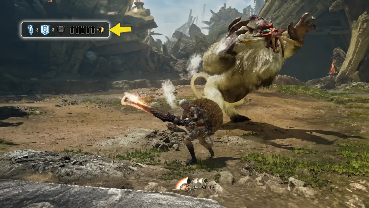 Yellow circular phial gauge highlighted at the end of the upper-left status bar during a hunt