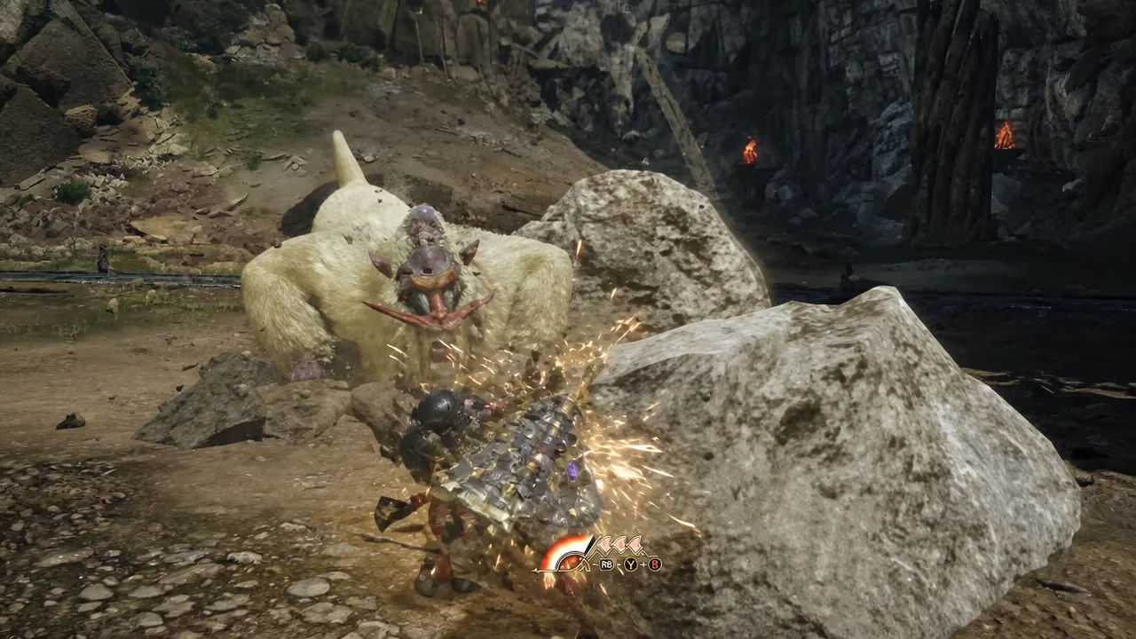 Button prompt on screen as an armored hunter lines up a discharge against a large pale monster