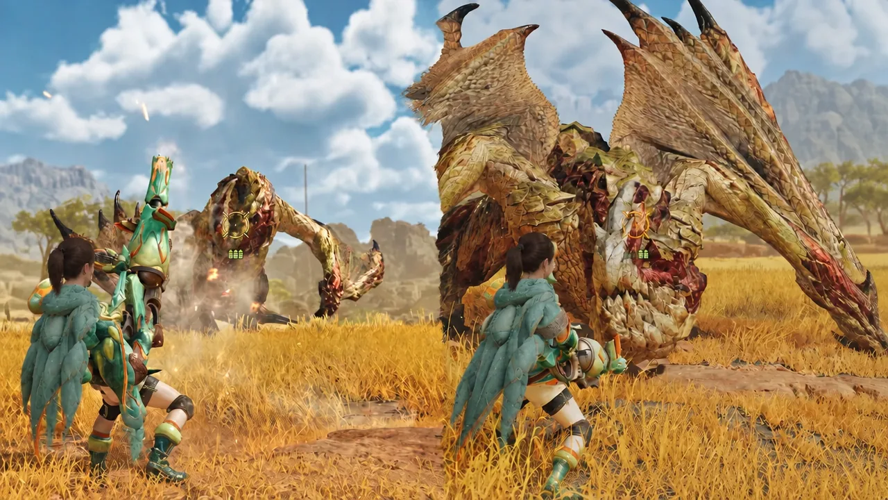 Two hunters in Master Rank armor fighting large dragon-like monsters in a grassy area