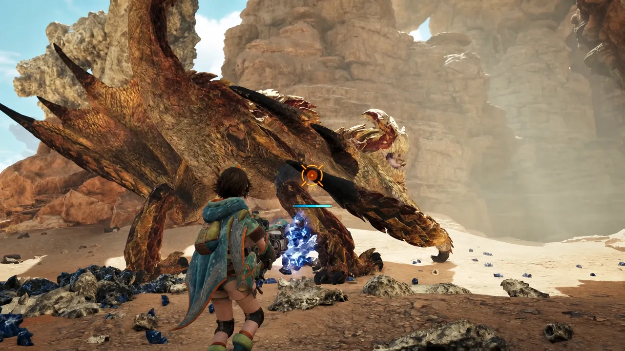 Orange lock-on reticle marking a giant monster as the hunter fires a heavy special shot