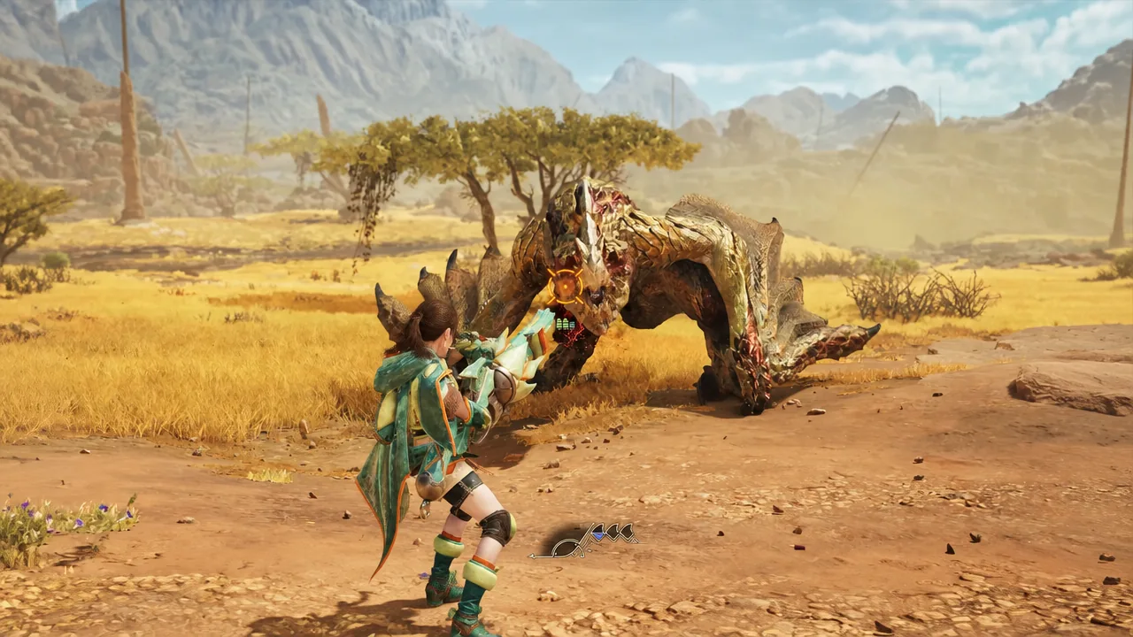 Hunter aiming the Heavy Bowgun at a large monster with the ammo UI on screen