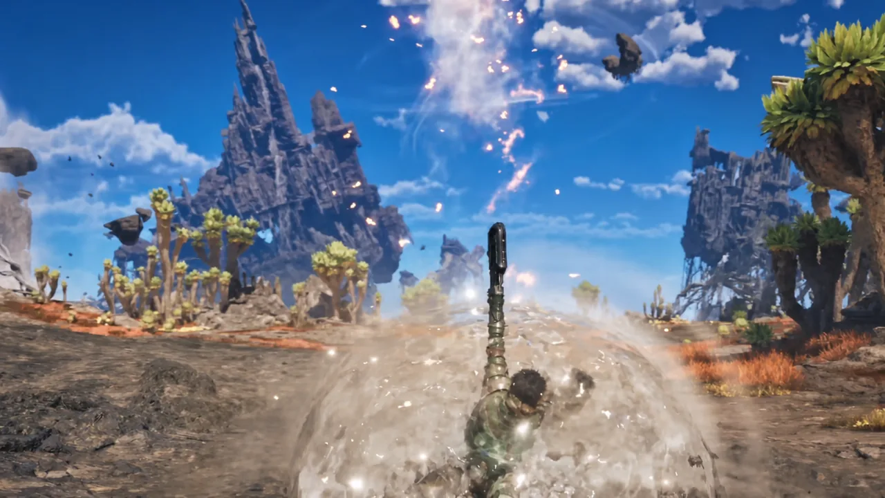 Gunlance hunter propelled forward by the Boost Bracer into an explosive attack