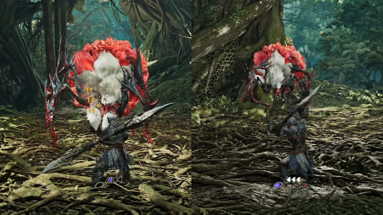 Split-screen of two hunters sending Kinsects into red monsters with damage numbers on screen
