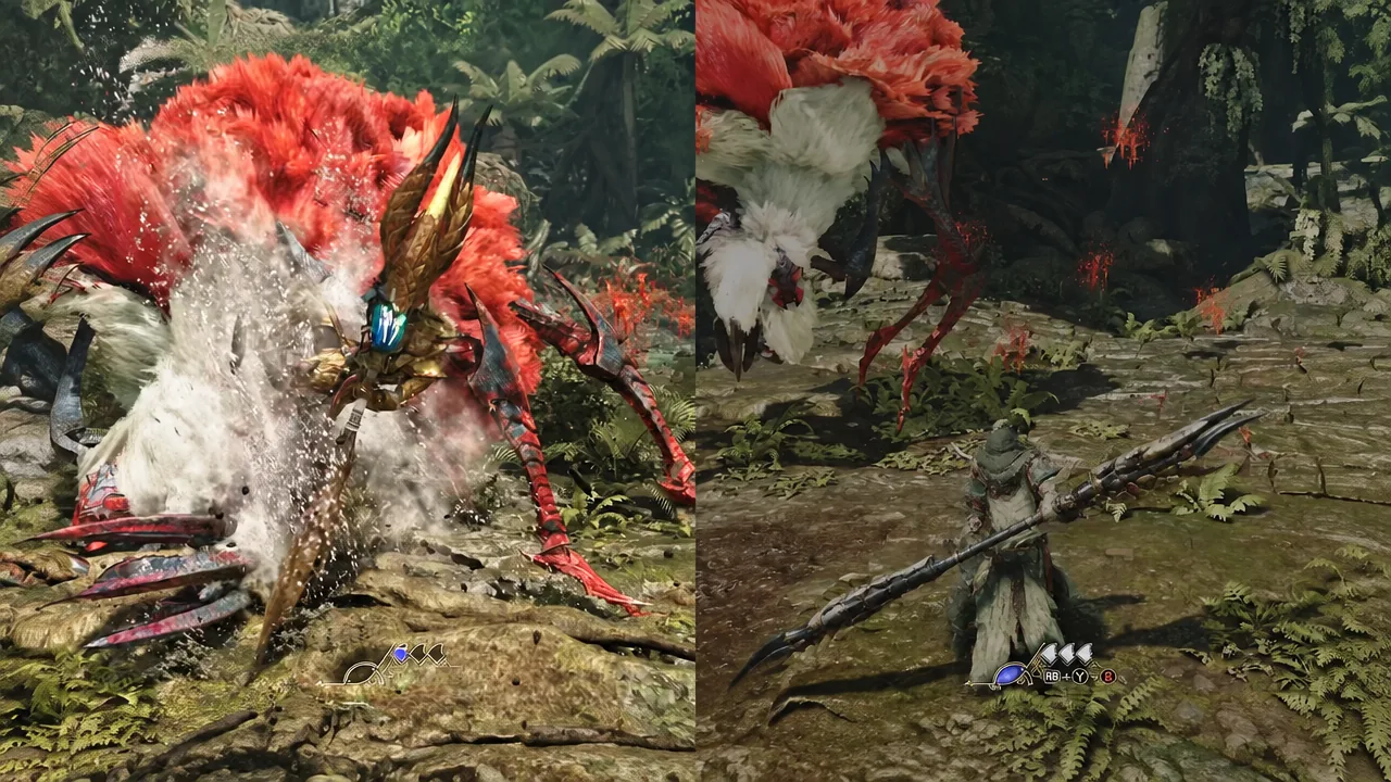 Side-by-side gameplay comparing the normal and boosted Descending Slash on a red monster