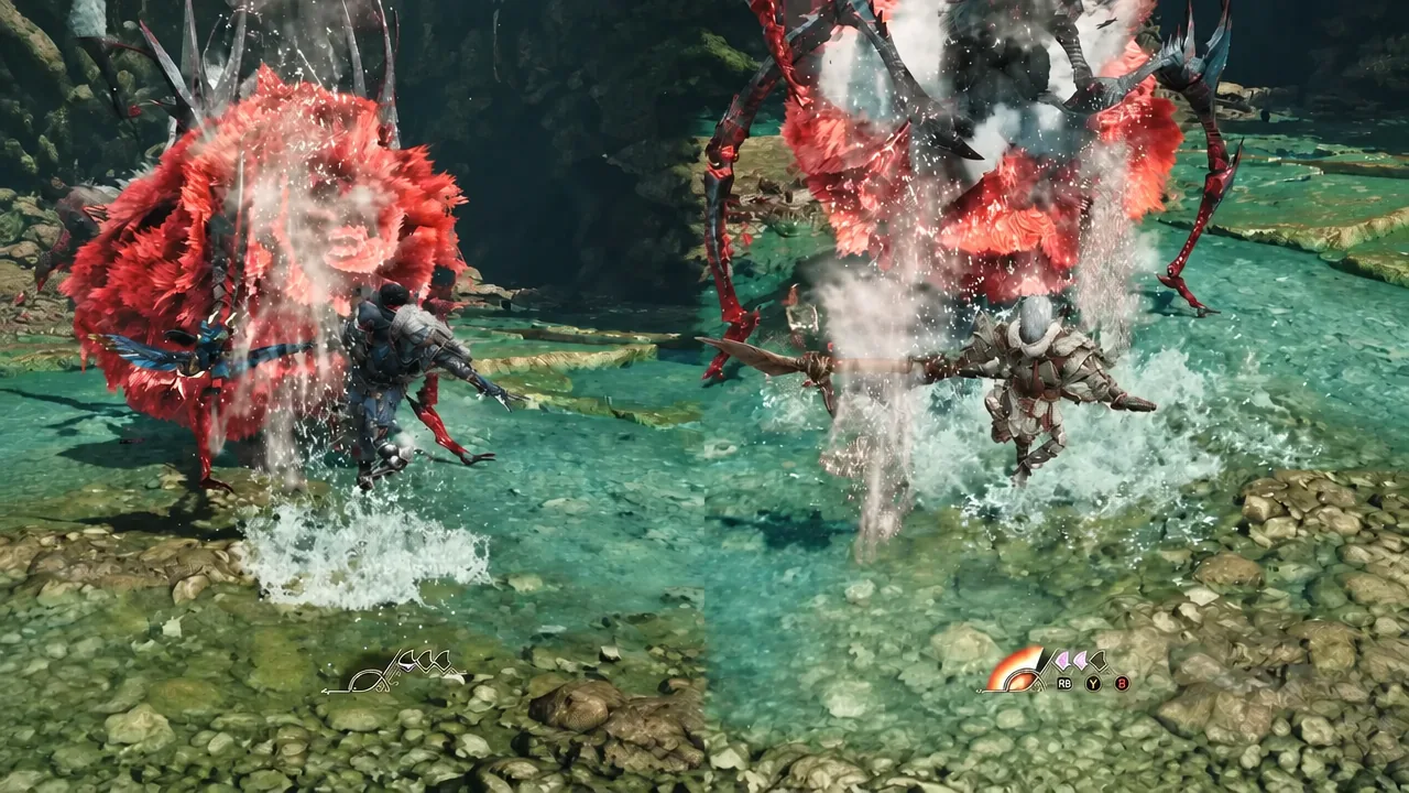 Two hunters driving Insect Glaive thrusts into large red monsters in shallow water