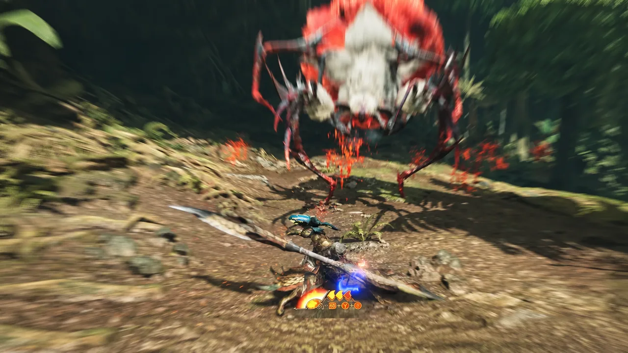 Hunter swinging the Insect Glaive into a charging red monster in a forest clearing