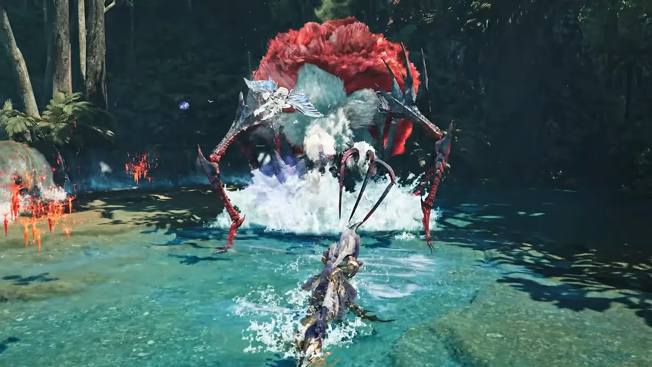 Hunter finishing a ground combo with a rising slash against a huge crab-like monster in water