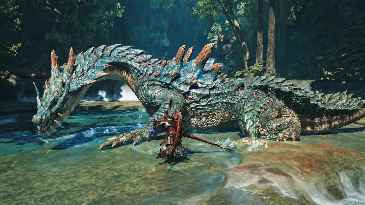 Boosted Crimson Slash combo landing rapid glowing hits on a monster