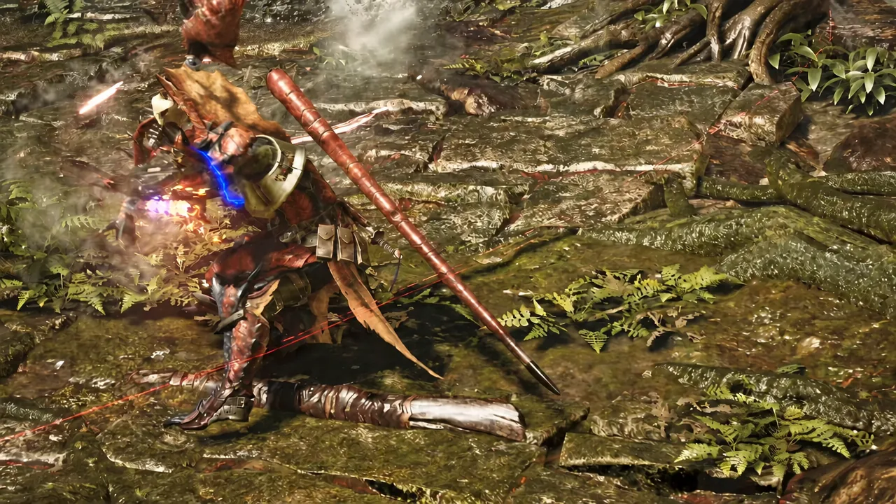 Hunter in red and black Rathalos Master Rank armor with wing-like back sections, holding a Long Sword