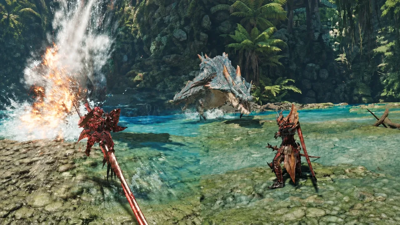 Two armored hunters attacking a large aquatic monster in a jungle lagoon