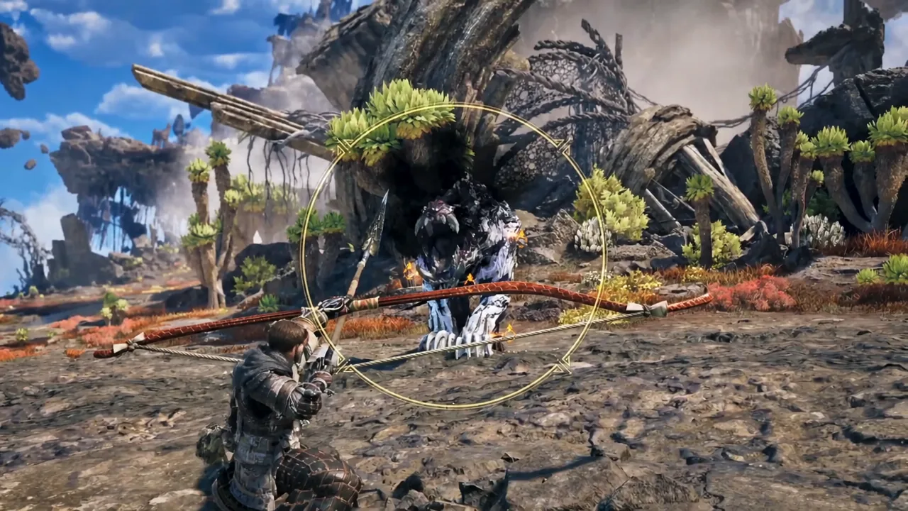Hunter draws the Lao-Shan Lung bow on a large monster through the circular aiming reticle