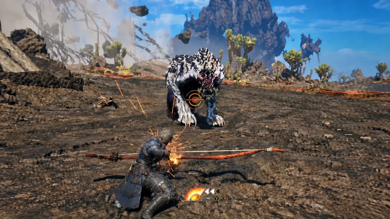 Reticle locked on a large beast as the hunter commits to a charging Boost Driver attack