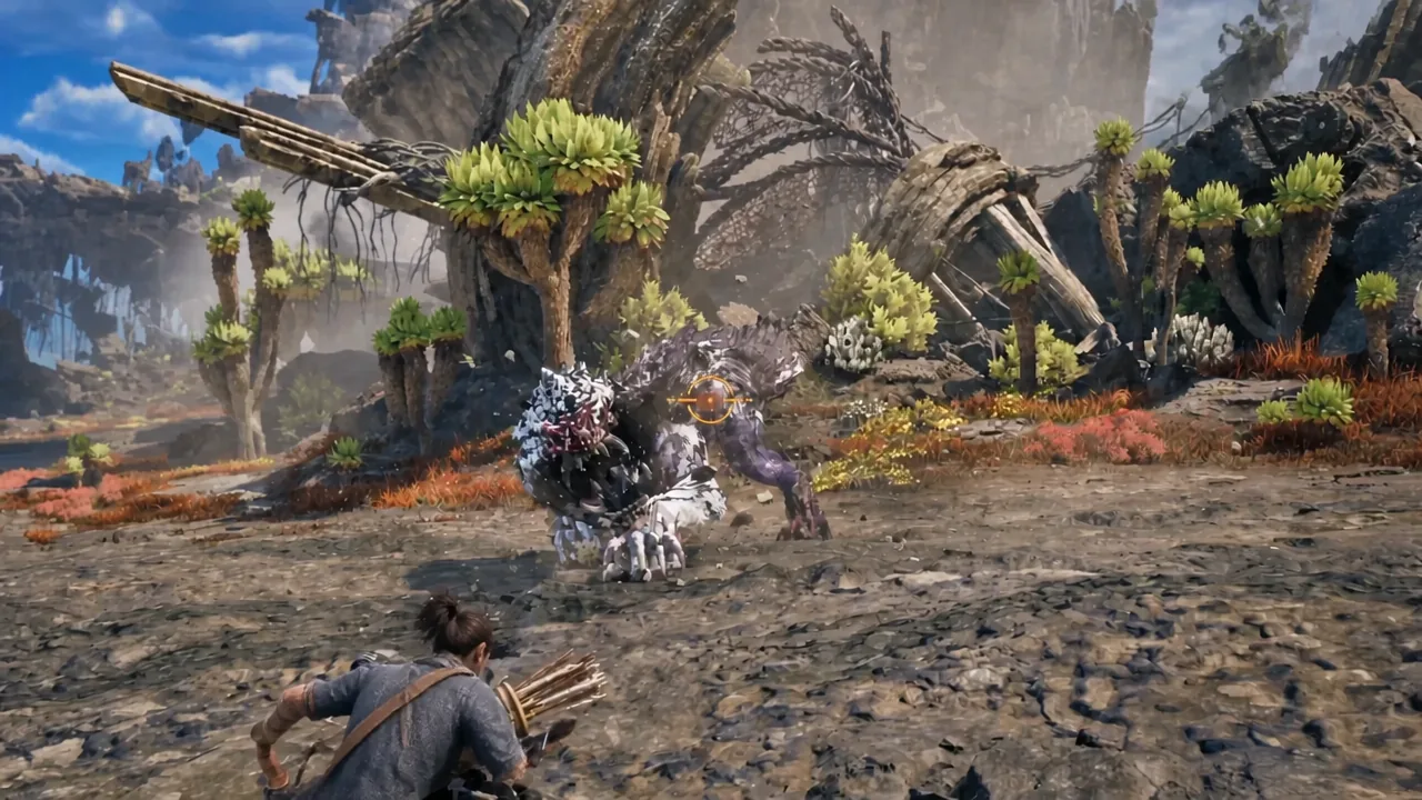 Hunter lines up a long-range boosted shot with the target highlighted by the center reticle