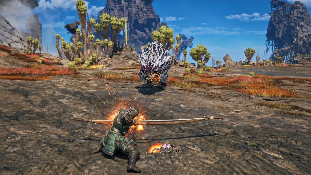 Focus Mode crosshair placed over a spiked monster before detonating embedded tracer arrows