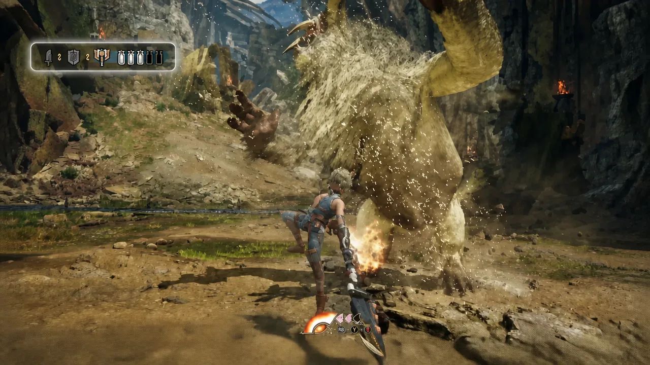 Charge Blade hunter mid-attack with the Boost gauge and button prompts along the bottom of the HUD