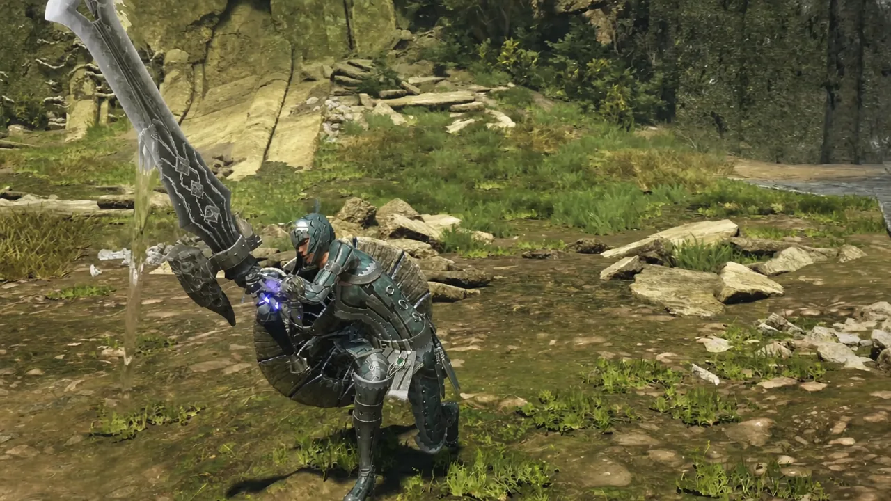 Hunter crouched low mid-swing with an oversized glowing energy blade extending from the weapon