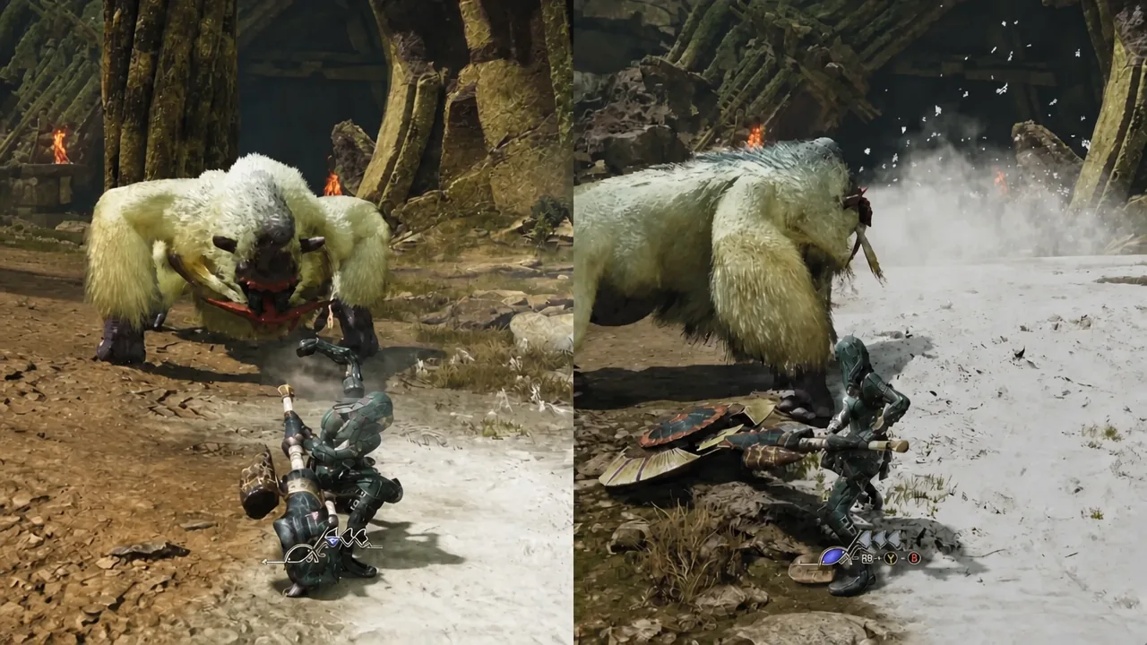 Side-by-side gameplay panels showing hunters countering large white beasts with Charge Blade discharges
